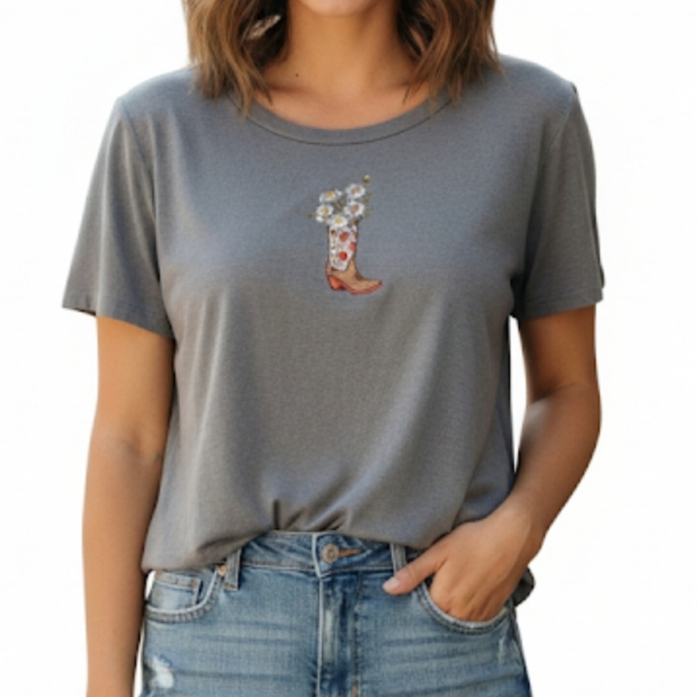 Homegirl Society Embroidered Daisy Cropped Top Shirt Gray XL Western Cowgirl Tee